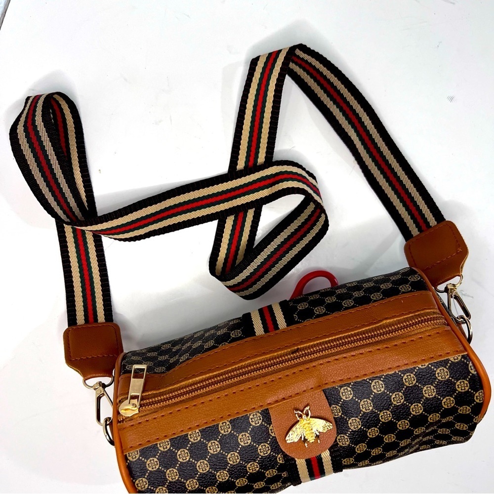 Bumble Bee Brown & Tan Vegan Leather Crossbody with Canvas Strap New - Picture 2 of 15